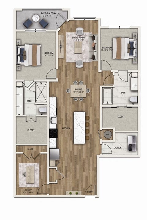 Floor plan for 2 beds, 2 baths, 1636 sqft