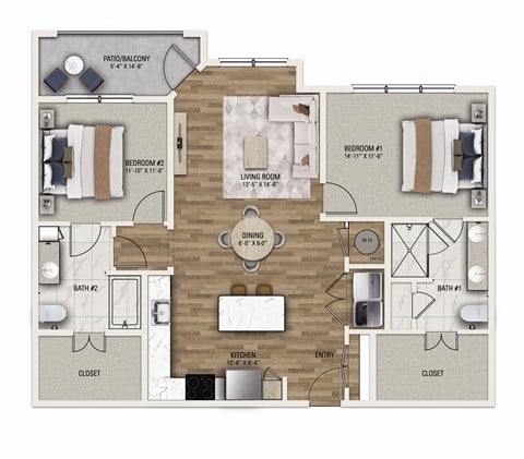 Floor plan for 2 beds, 2 baths, 1252 sqft