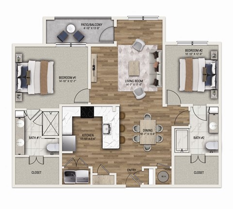 Floor plan for 2 beds, 2 baths, 1285 sqft