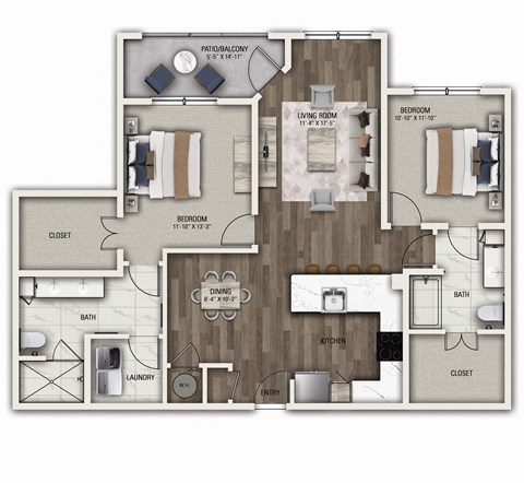 Floor plan for 2 beds, 2 baths, 1286 sqft