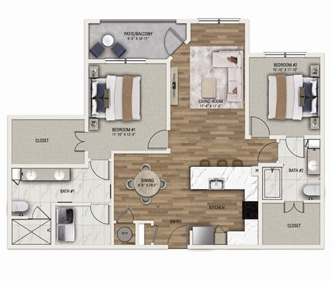 Floor plan for 2 beds, 2 baths, 1326 sqft
