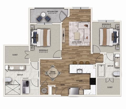 Floor plan for 2 beds, 2 baths, 1290 sqft