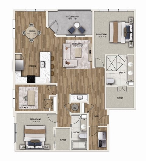 Floor plan for 2 beds, 2 baths, 1602 sqft