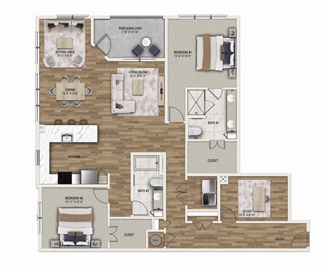 Floor plan for 2 beds, 2 baths, 1879 sqft