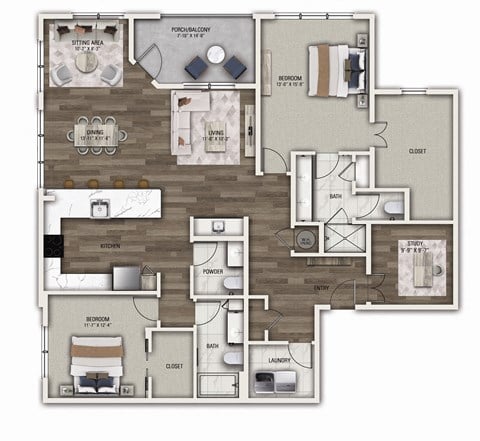 Floor plan for 2 beds, 2.5 baths, 1888 sqft