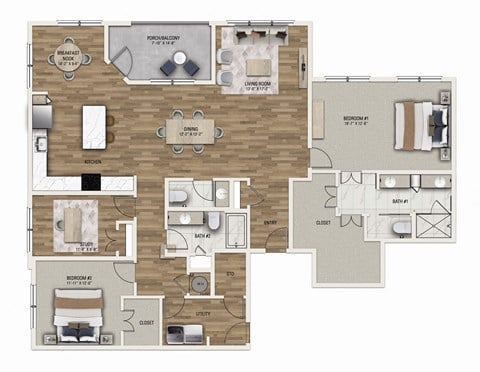 Floor plan for 2 beds, 2.5 baths, 2110 sqft