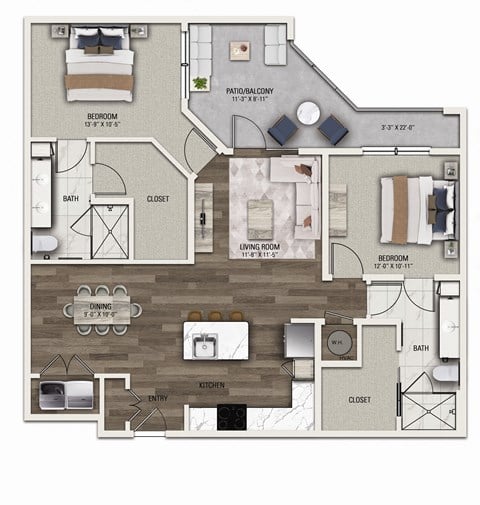 Floor plan for 2 beds, 2 baths, 1217 sqft