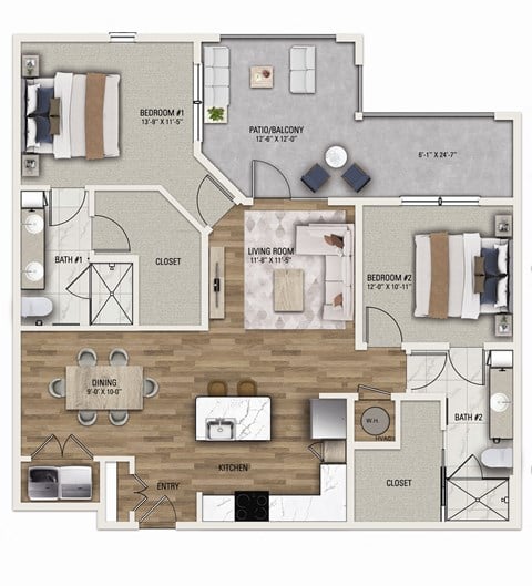 Floor plan for 2 beds, 2 baths, 1230 sqft