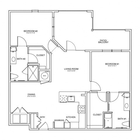 Floor plan for 2 beds, 2 baths, 1217 sqft
