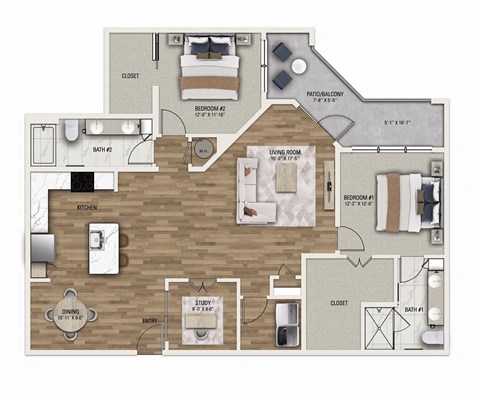 Floor plan for 2 beds, 2 baths, 1516 sqft