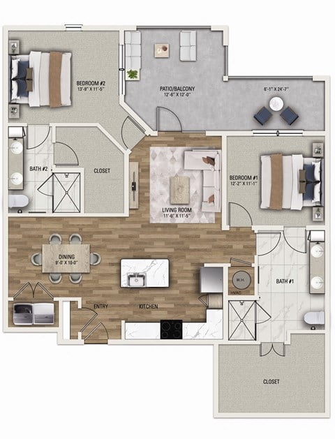 Floor plan for 2 beds, 2 baths, 1368 sqft