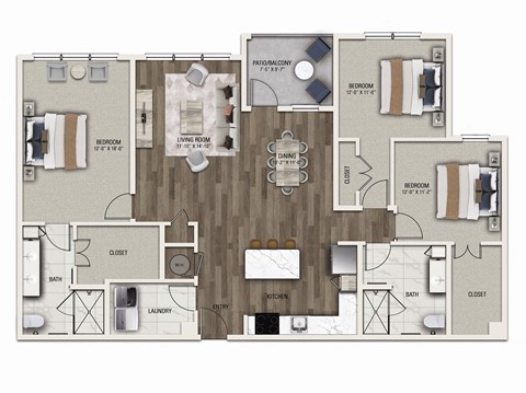 Floor plan for 3 beds, 2 baths, 1626 sqft