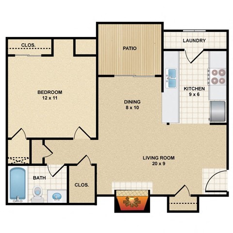Floor plan for 1 bed, 1 bath, 670 sqft