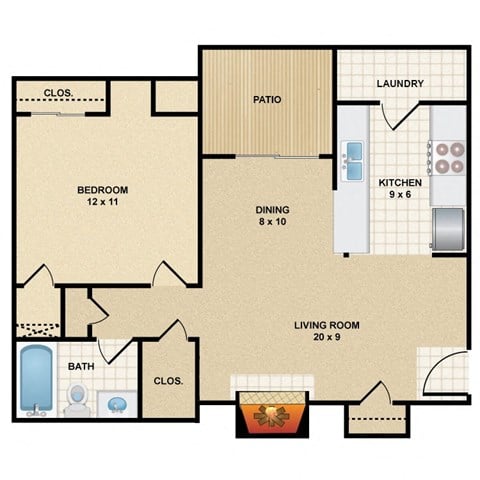 Floor plan for 1 bed, 1 bath, 678 sqft