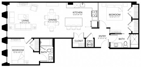 Floor plan for 2 beds, 2 baths, 1027 sqft