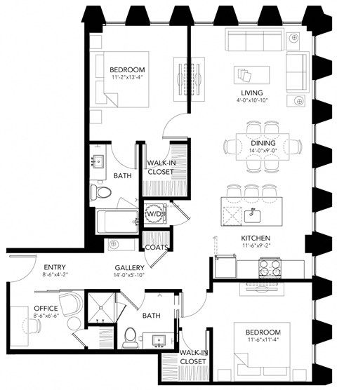 Floor plan for 2 beds, 2 baths, 1120 sqft