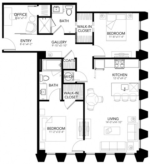 Floor plan for 2 beds, 2 baths, 1045 sqft
