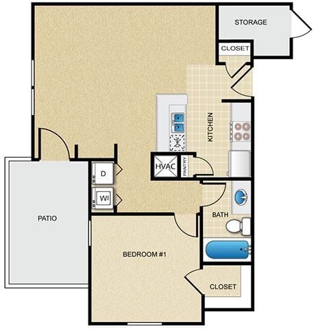 Floor plan for 1 bed, 1 bath, 707 sqft