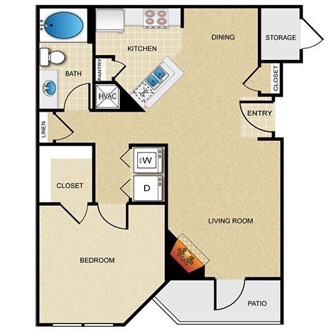 Floor plan for 1 bed, 1 bath, 769 sqft