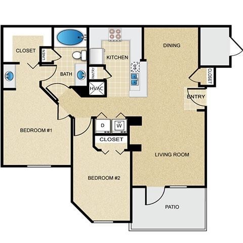 Floor plan for 2 beds, 1 bath, 963 sqft