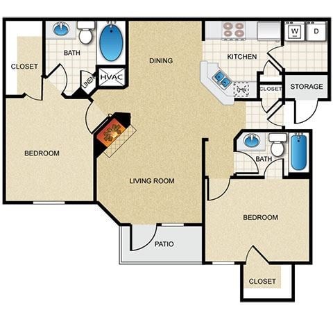 Floor plan for 2 beds, 2 baths, 1094 sqft