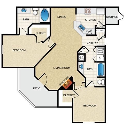Floor plan for 2 beds, 2 baths, 1137 sqft