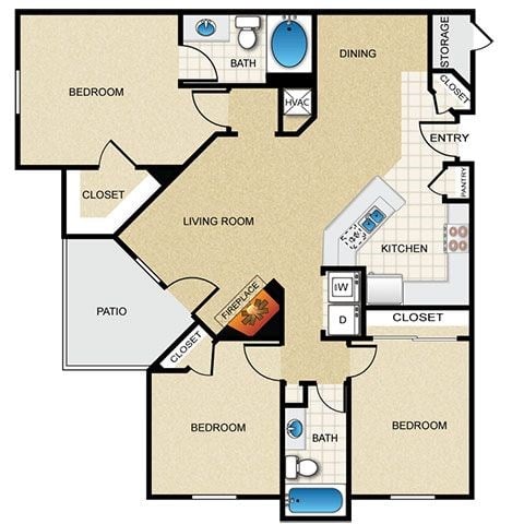 Floor plan for 3 beds, 2 baths, 1262 sqft