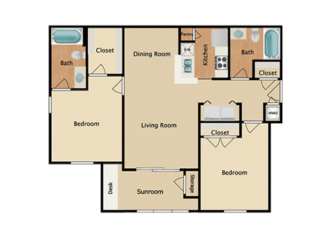 Floor plan for 2 beds, 2 baths, 1007 sqft