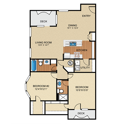 Floor plan for 2 beds, 2 baths, 1204 sqft