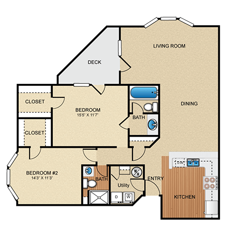 Floor plan for 2 beds, 2 baths, 1241 sqft