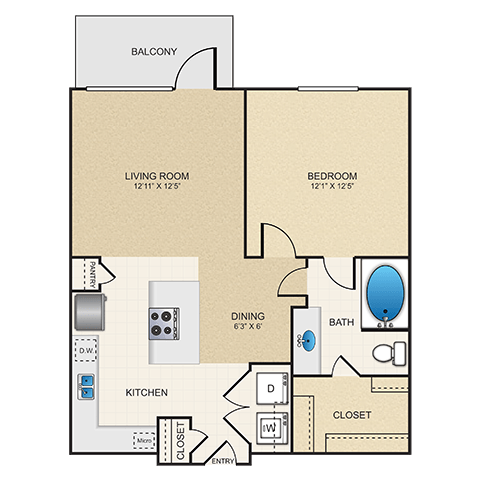 Floor plan for 1 bed, 1 bath, 673 sqft