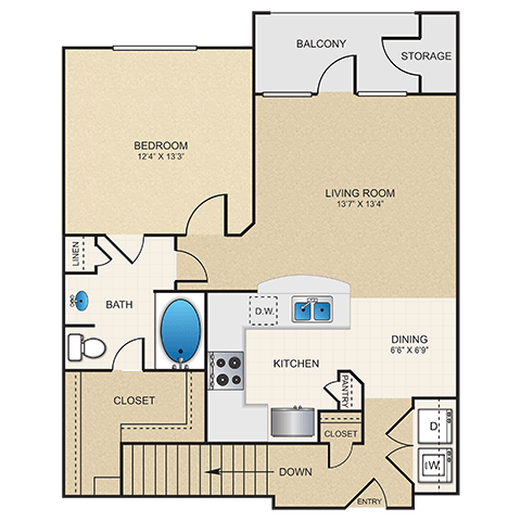 Floor plan for 1 bed, 1 bath, 808 sqft
