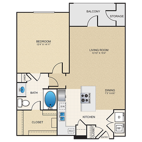 Floor plan for 1 bed, 1 bath, 793 sqft