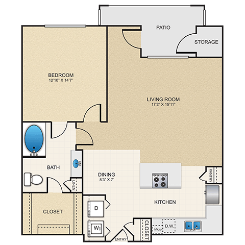 Floor plan for 1 bed, 1 bath, 893 sqft