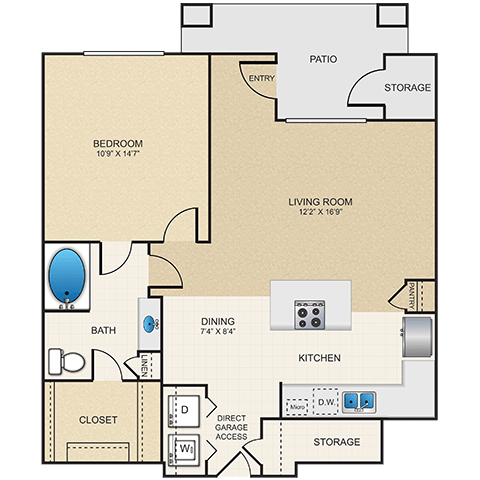 Floor plan for 1 bed, 1 bath, 867 sqft