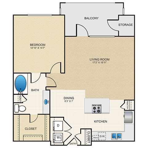 Floor plan for 1 bed, 1 bath, 869 sqft