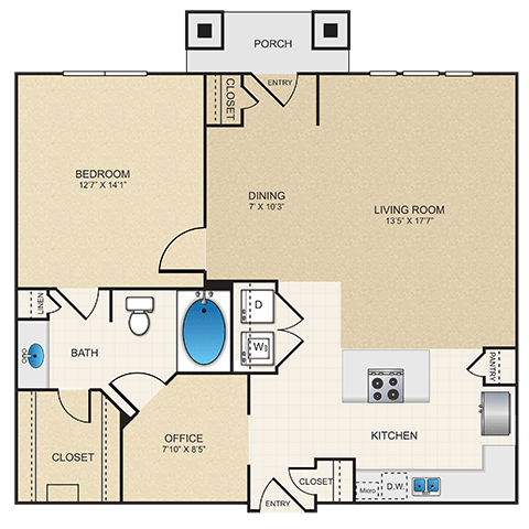 Floor plan for 1 bed, 1 bath, 932 sqft