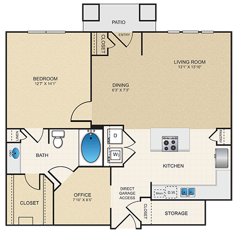 Floor plan for 1 bed, 1 bath, 912 sqft