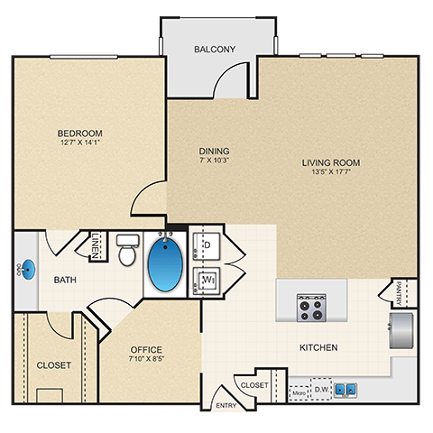 Floor plan for 1 bed, 1 bath, 911 sqft