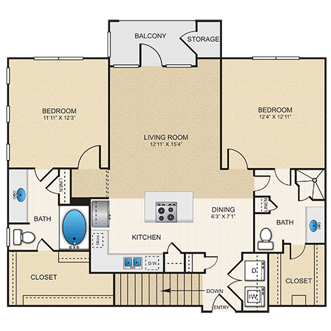 Floor plan for 2 beds, 2 baths, 1080 sqft