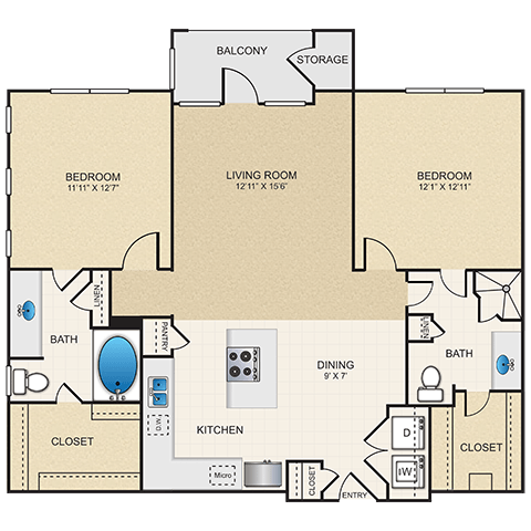 Floor plan for 2 beds, 2 baths, 1064 sqft