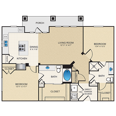 Floor plan for 2 beds, 2 baths, 1199 sqft
