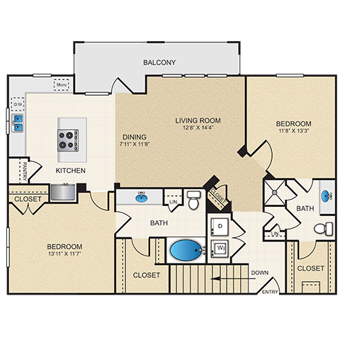 Floor plan for 2 beds, 2 baths, 1199 sqft