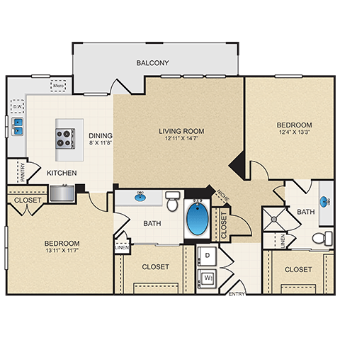 Floor plan for 2 beds, 2 baths, 1199 sqft