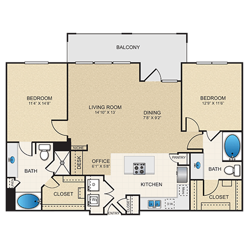 Floor plan for 2 beds, 2 baths, 1197 sqft