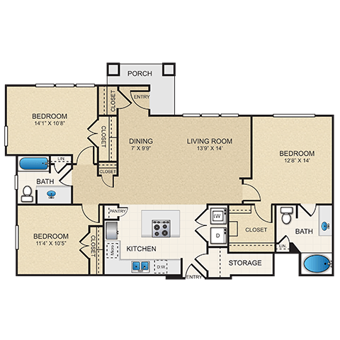 Floor plan for 3 beds, 2 baths, 1394 sqft