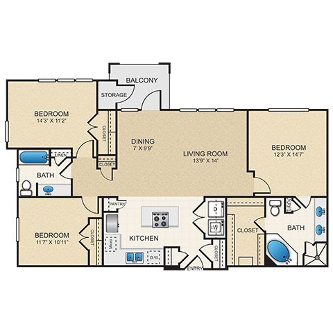 Floor plan for 3 beds, 2 baths, 1377 sqft