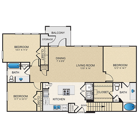 Floor plan for 3 beds, 2 baths, 1377 sqft