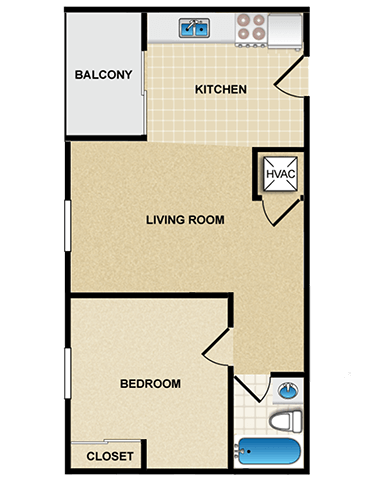 Floor plan for 1 bed, 1 bath, 620 sqft