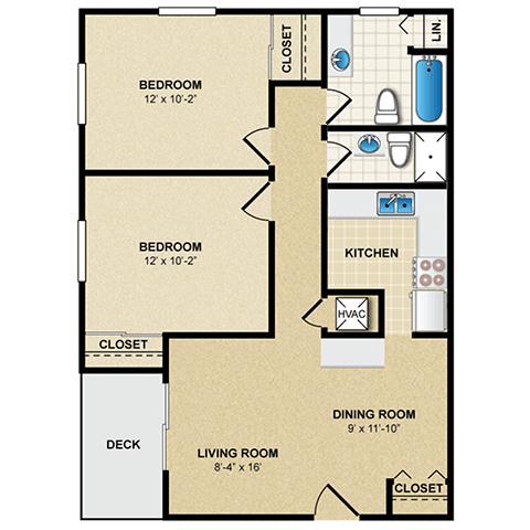Floor plan for 2 beds, 2 baths, 920 sqft